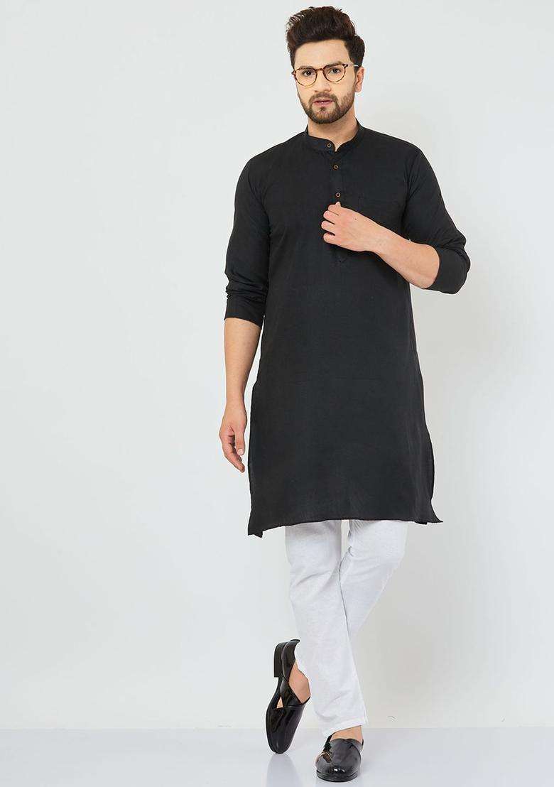 Black Solid Cotton Kurta Set For Men - Indya
