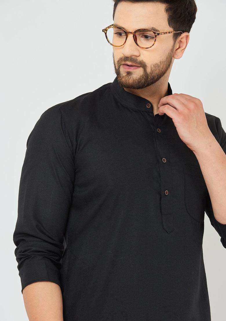 Black Solid Cotton Kurta Set For Men - Indya