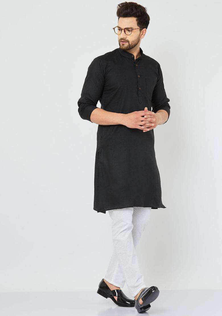 Black Solid Cotton Kurta Set For Men - Indya