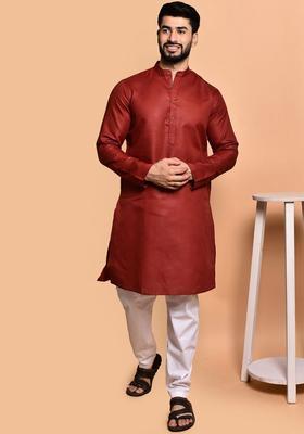 Red Solid Cotton Kurta Set For Men