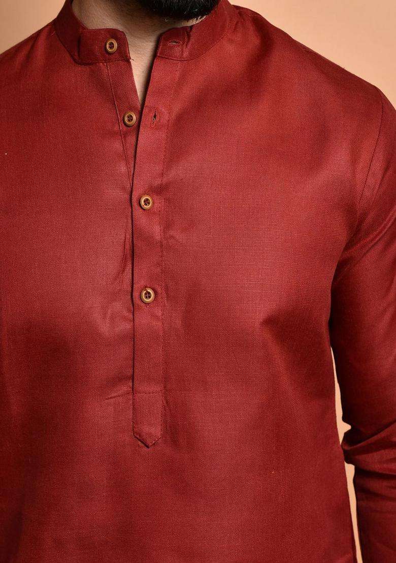 Red Solid Cotton Kurta Set For Men - Indya
