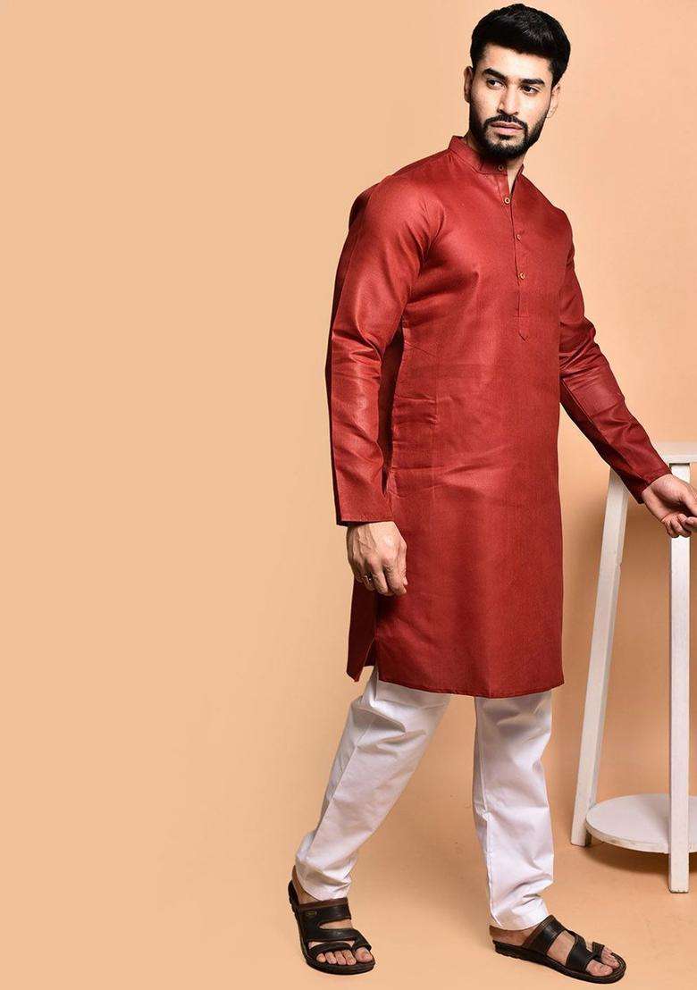 Red Solid Cotton Kurta Set For Men - Indya