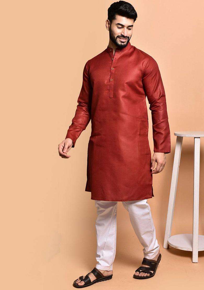 Red Solid Cotton Kurta Set For Men - Indya