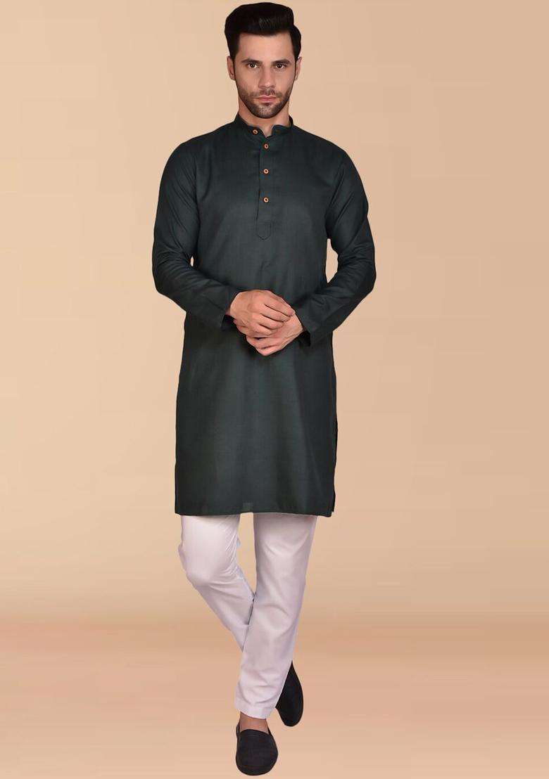 Black Solid Cotton Kurta Set For Men - Indya