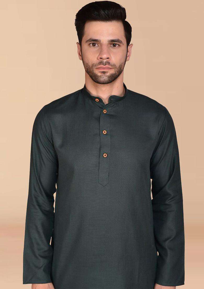 Black Solid Cotton Kurta Set For Men - Indya