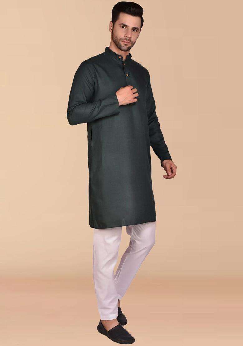 Black Solid Cotton Kurta Set For Men - Indya
