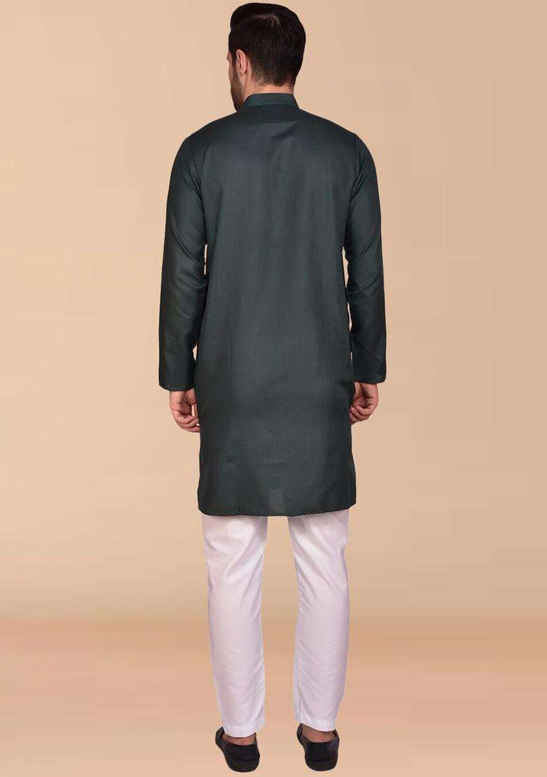 Black Solid Cotton Kurta Set For Men - Indya