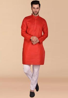 Red Solid Cotton Kurta Set For Men