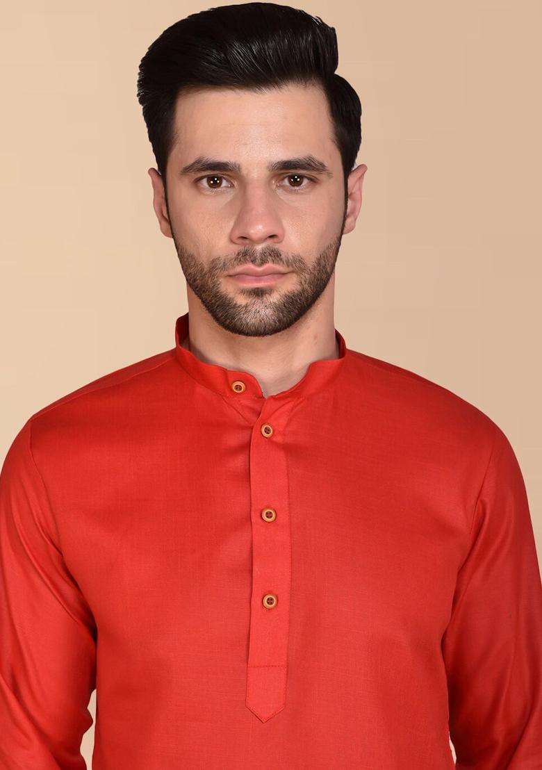 Red Solid Cotton Kurta Set For Men - Indya