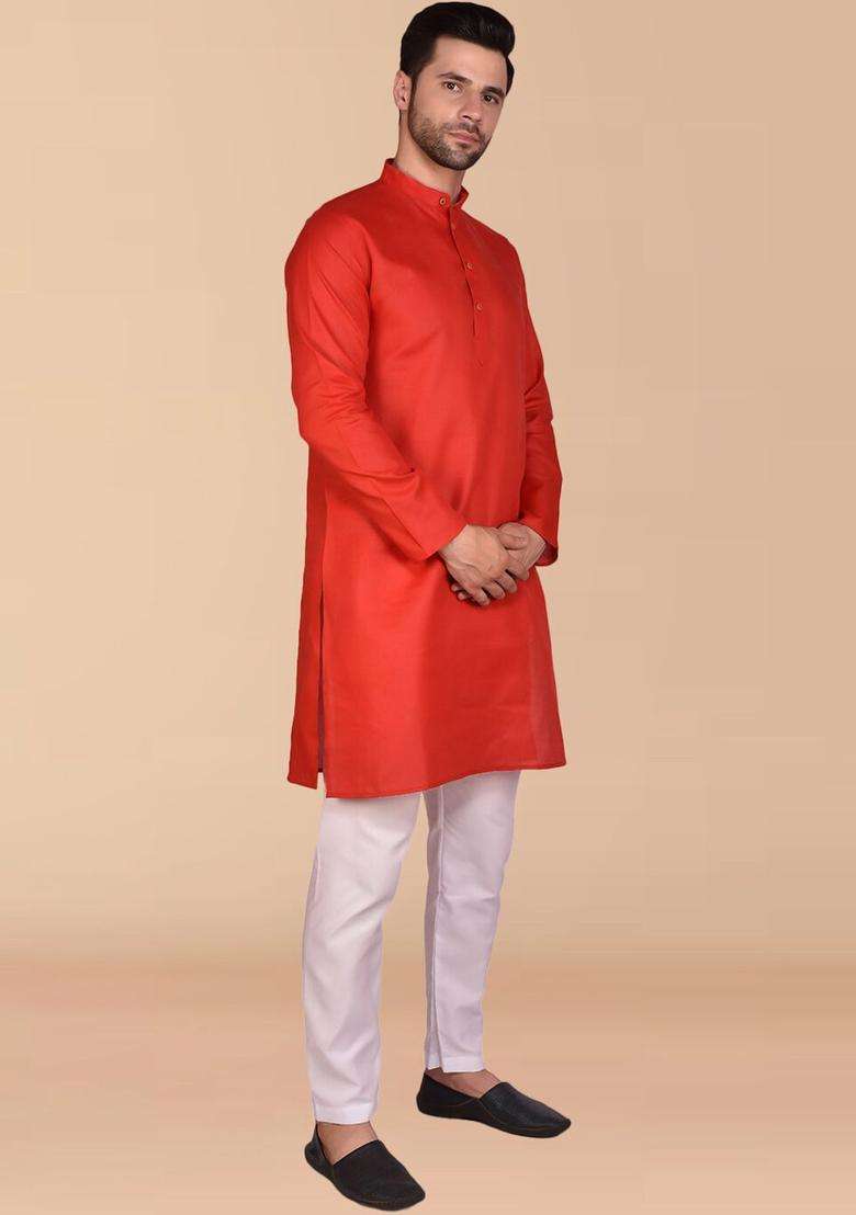 Red Solid Cotton Kurta Set For Men - Indya