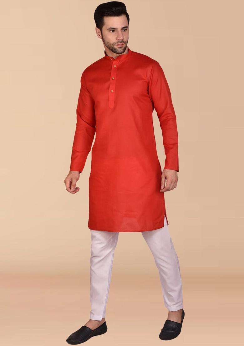 Red Solid Cotton Kurta Set For Men - Indya