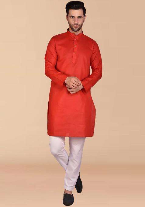 Red Solid Cotton Kurta Set For Men