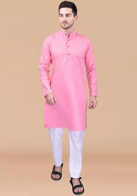 Pink Solid Cotton Kurta Set For Men