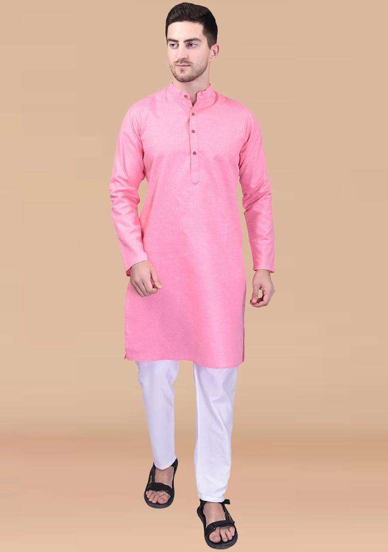 Pink Solid Cotton Kurta Set For Men - Indya