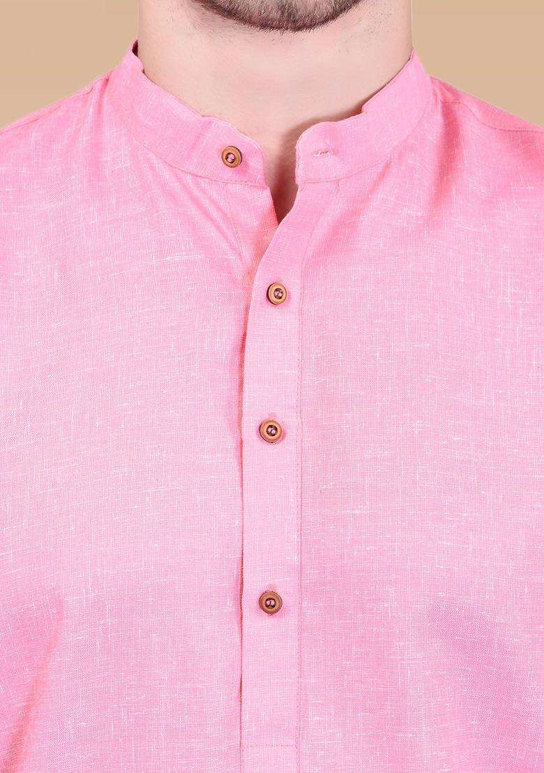 Pink Solid Cotton Kurta Set For Men - Indya