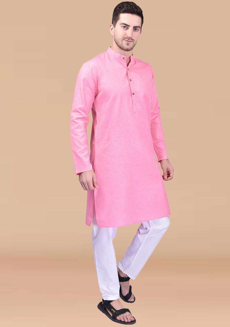 Pink Solid Cotton Kurta Set For Men - Indya