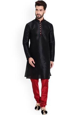 Black Solid Silk Kurta Set For Men