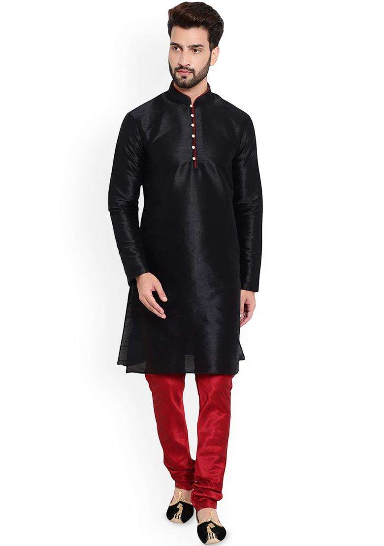 Black Solid Silk Blend Kurta Set For Men - Indya
