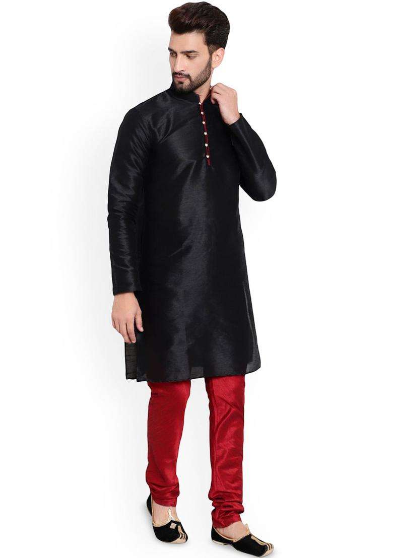 Black Solid Silk Blend Kurta Set For Men - Indya