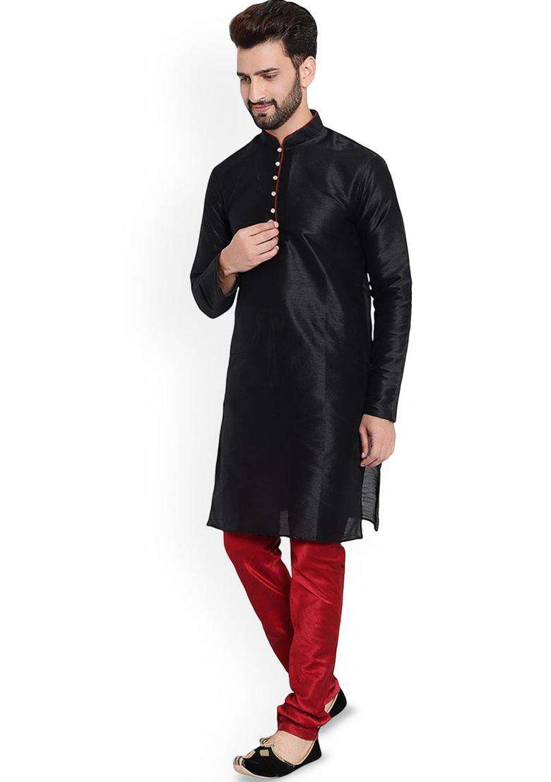 Black Solid Silk Blend Kurta Set For Men - Indya