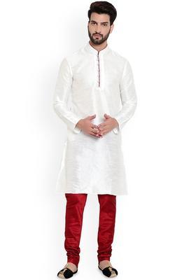 White Solid Silk Kurta Set For Men