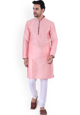 Pink Solid Silk Kurta Set For Men