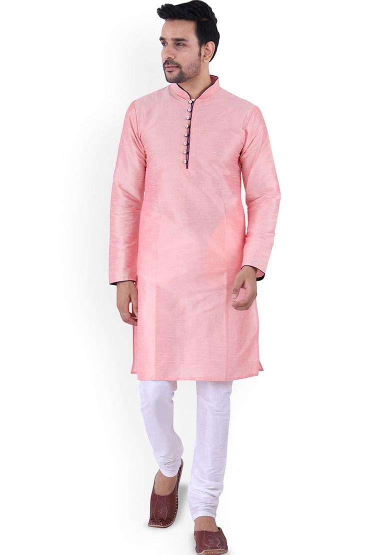Pink Solid Silk Blend Kurta Set For Men - Indya