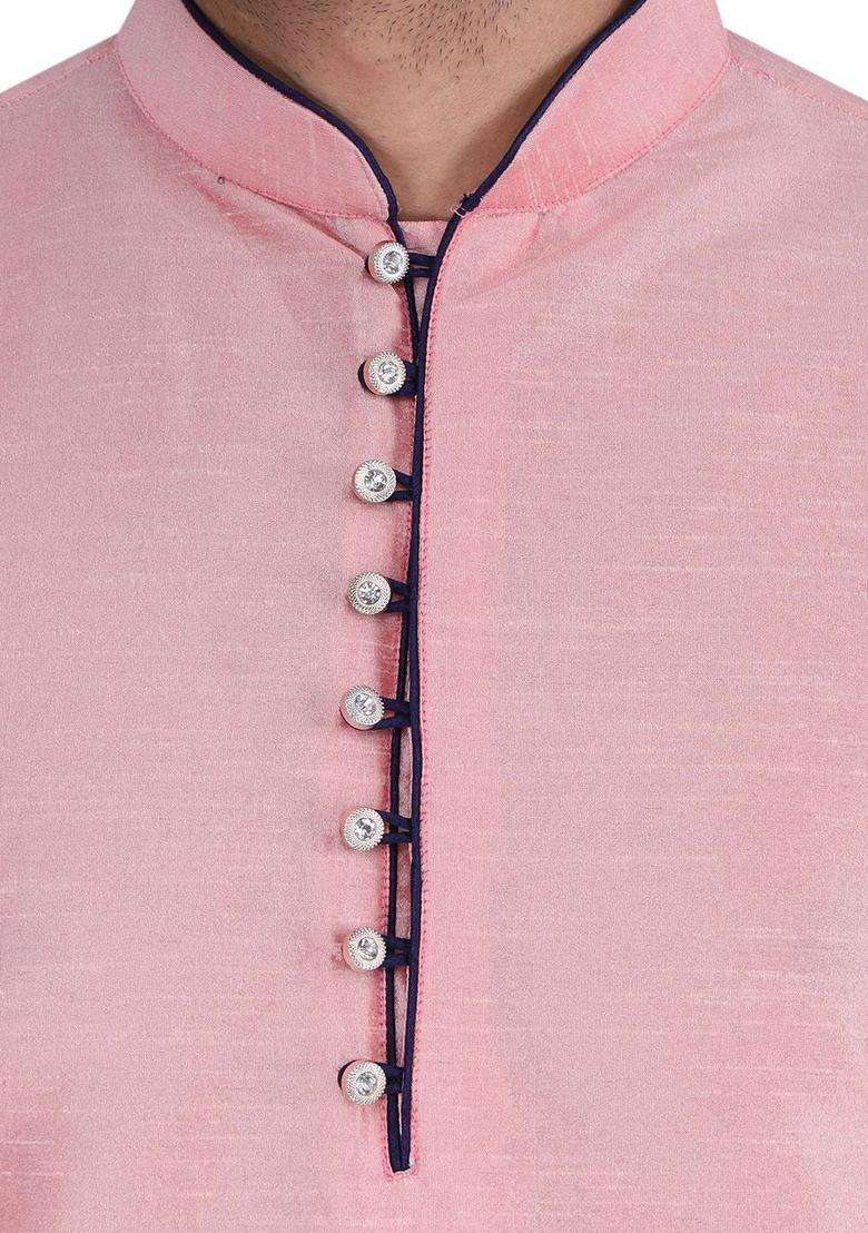Pink Solid Silk Blend Kurta Set For Men - Indya