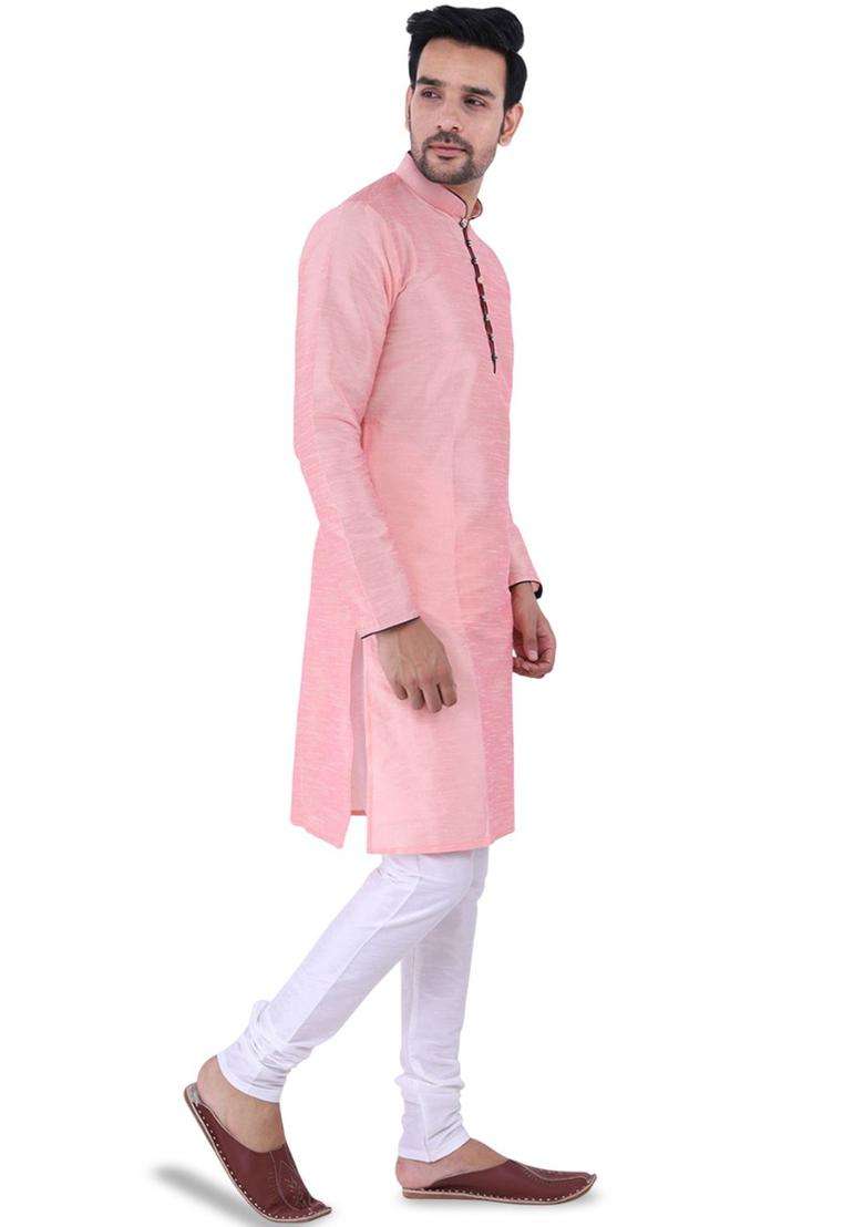 Pink Solid Silk Blend Kurta Set For Men - Indya