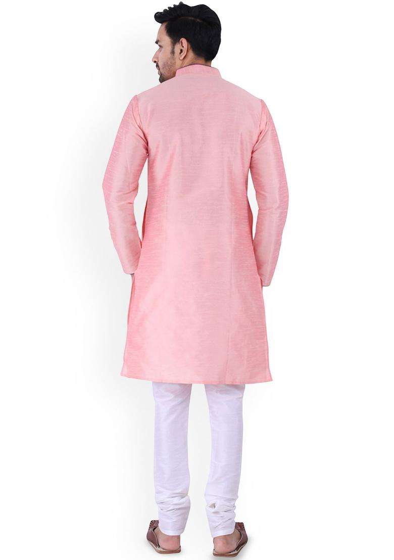 Pink Solid Silk Blend Kurta Set For Men - Indya