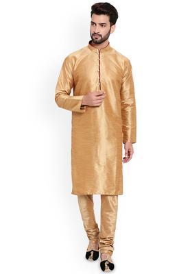 Khaki Solid Silk Kurta Set For Men
