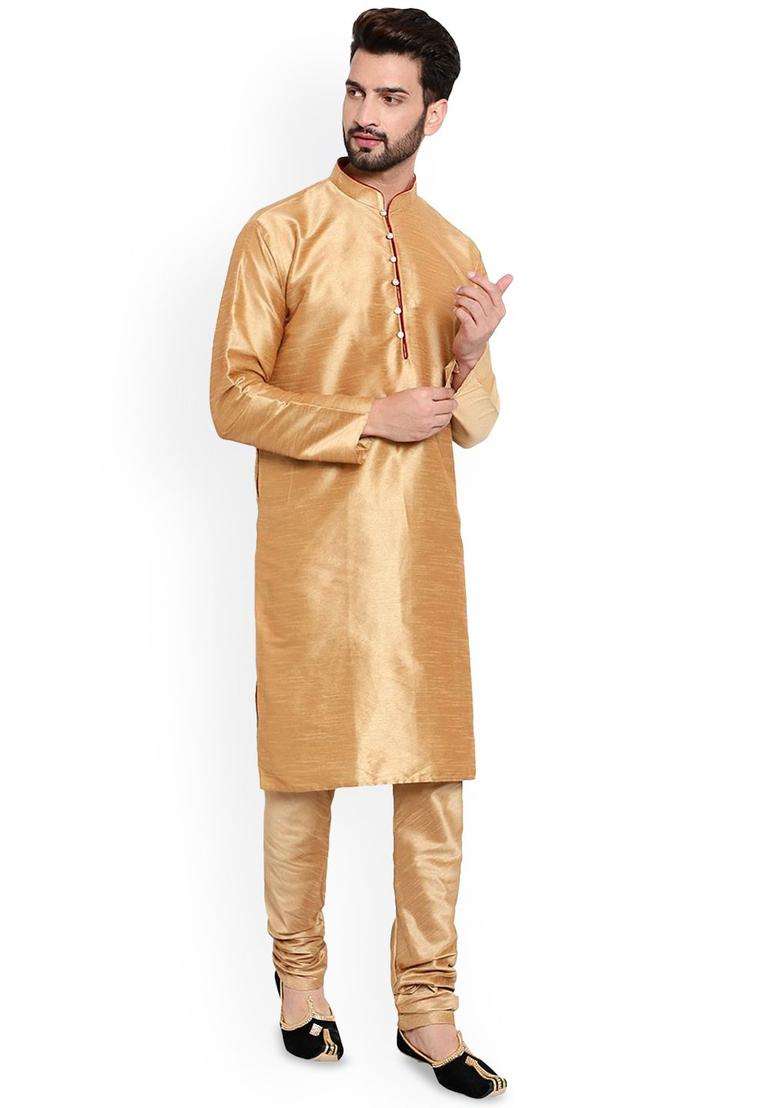 Khaki Solid Silk Blend Kurta Set For Men - Indya