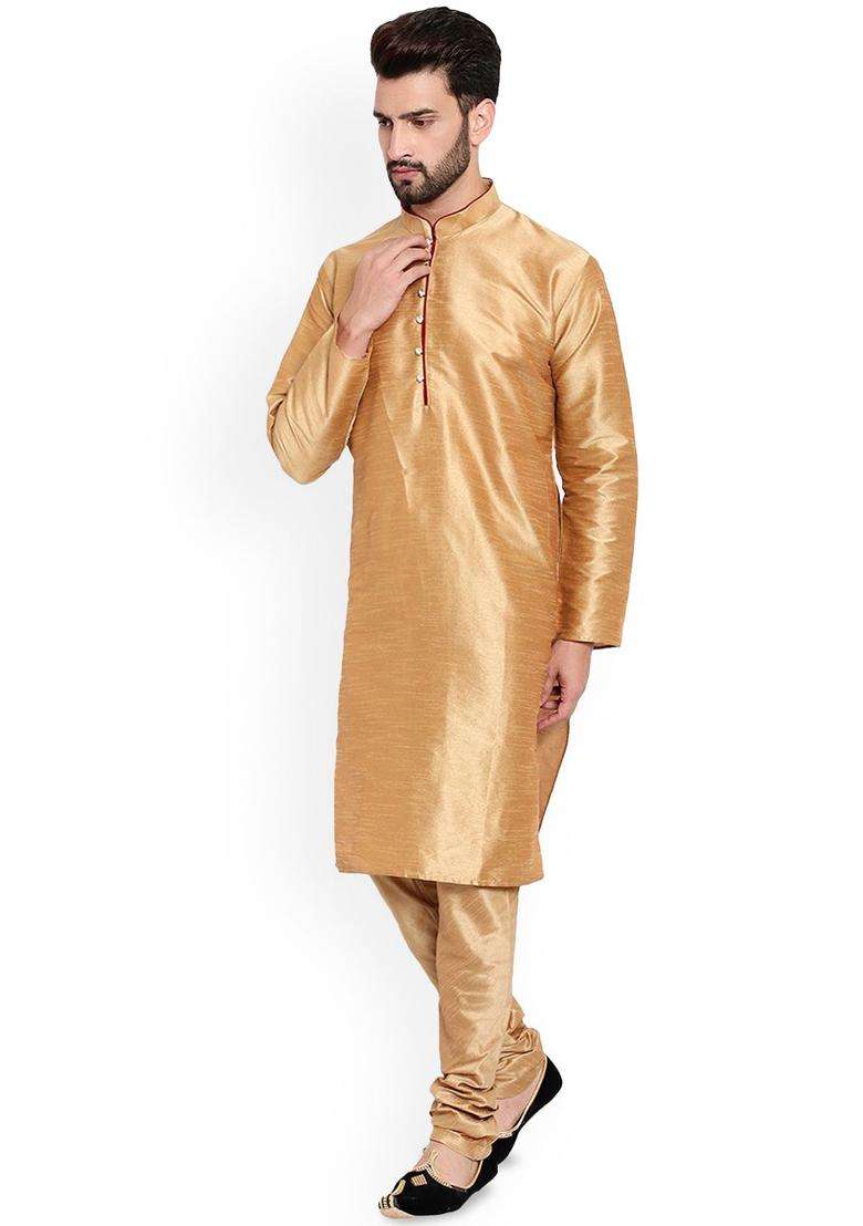 Khaki Solid Silk Blend Kurta Set For Men - Indya
