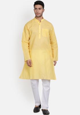 Yellow Solid Cotton Kurta Set For Men