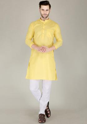Yellow Solid Cotton Kurta Set For Men