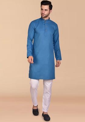 Blue Solid Cotton Kurta Set For Men