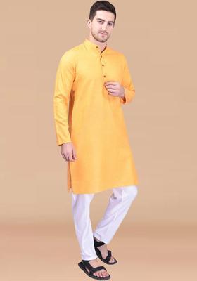 Yellow Solid Cotton Kurta Set For Men