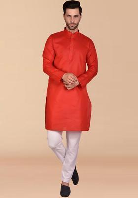 Red Solid Cotton Kurta Set For Men