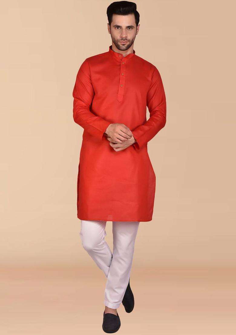 Red Solid Cotton Kurta Set For Men - Indya