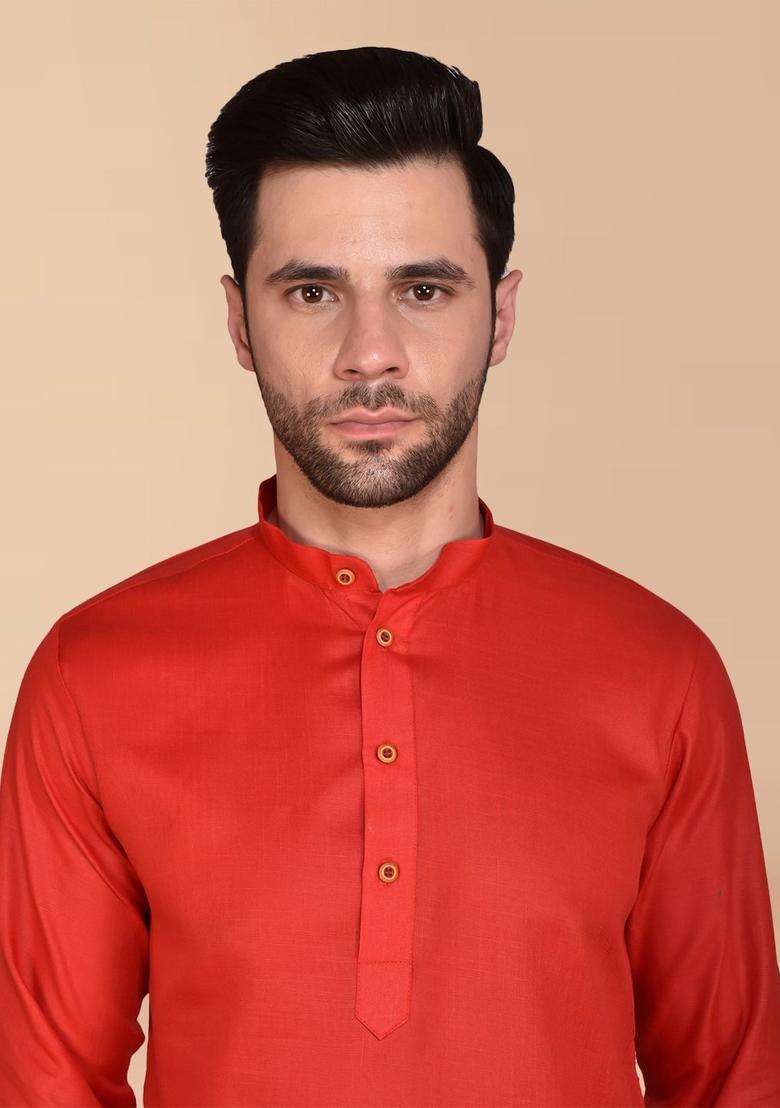 Red Solid Cotton Kurta Set For Men - Indya