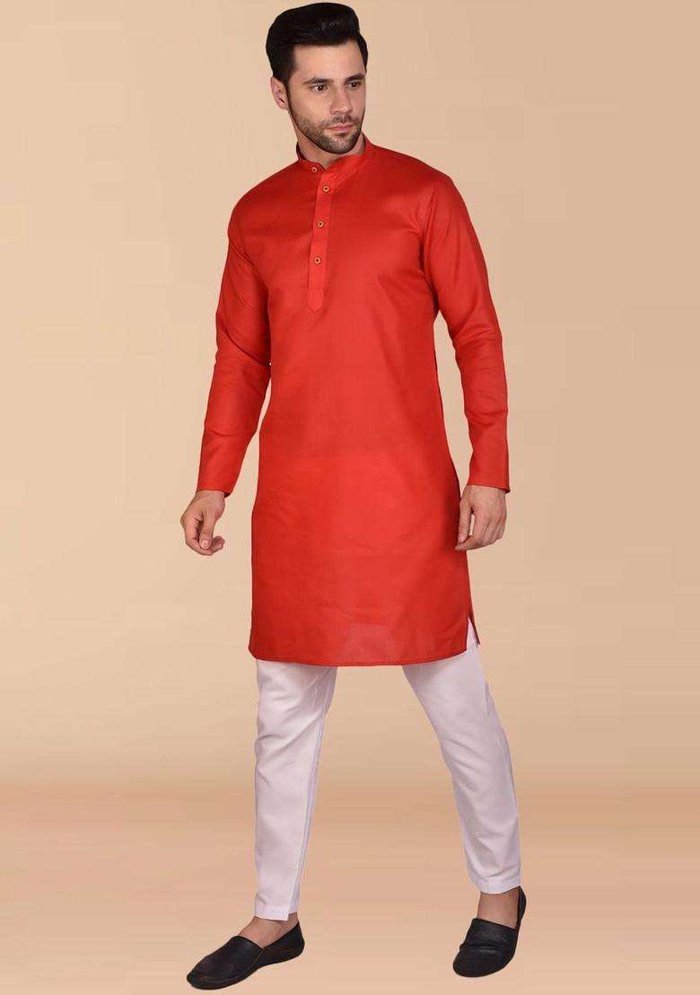 Red Solid Cotton Kurta Set For Men - Indya