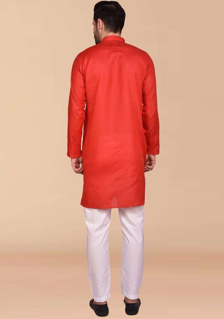 Red Solid Cotton Kurta Set For Men - Indya