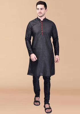 Black Solid Silk Kurta Set For Men