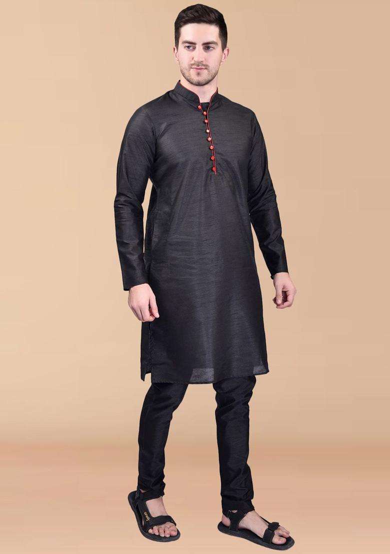 Black Solid Silk Blend Kurta Set For Men - Indya