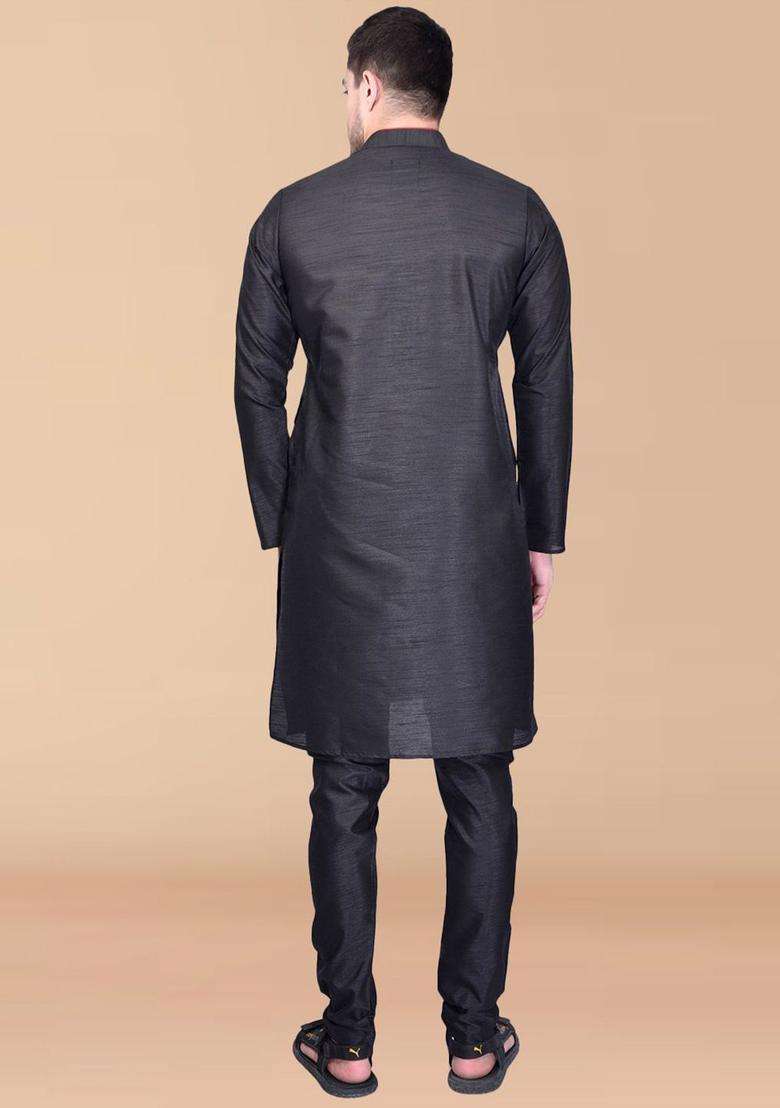 Black Solid Silk Blend Kurta Set For Men - Indya