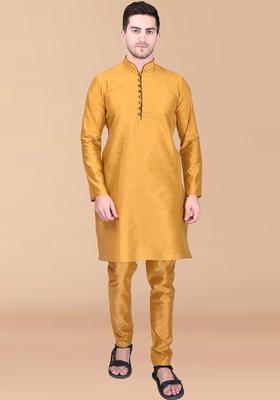 Yellow Solid Silk Kurta Set For Men
