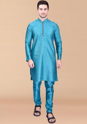 Blue Solid Silk Kurta Set For Men