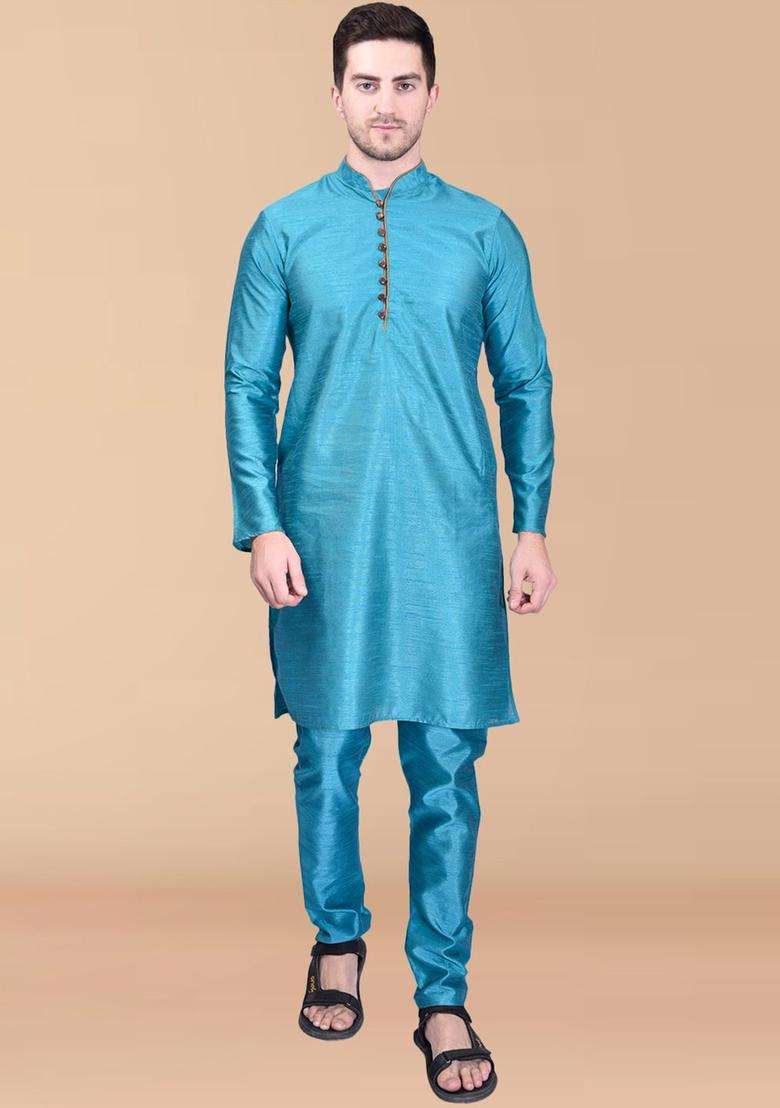 Blue Solid Silk Blend Kurta Set For Men - Indya