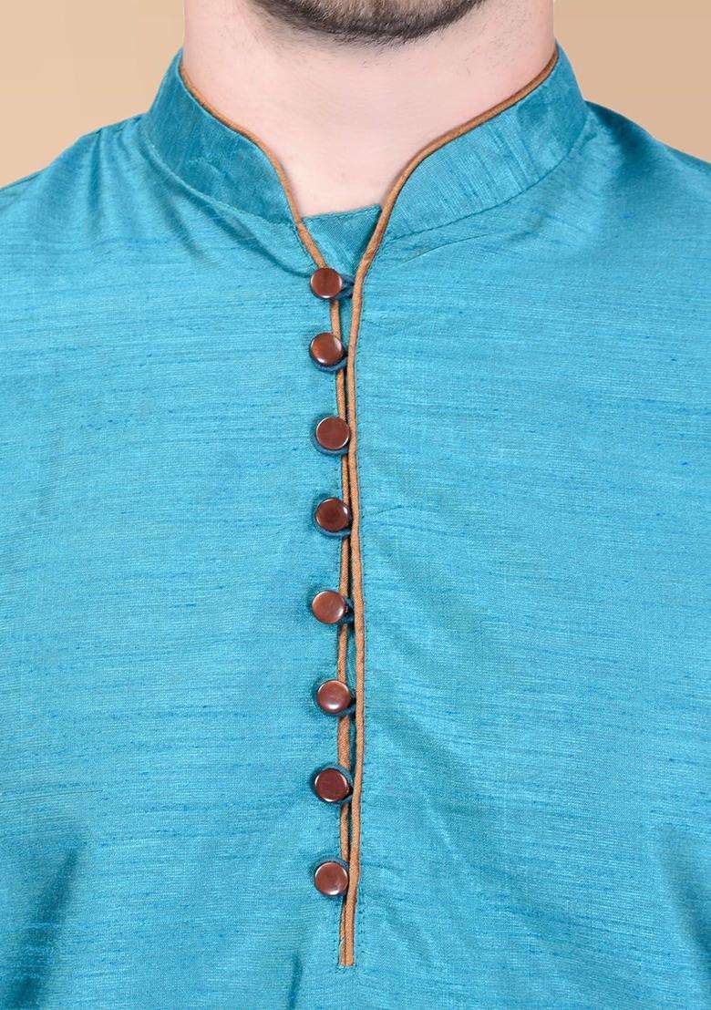 Blue Solid Silk Blend Kurta Set For Men - Indya