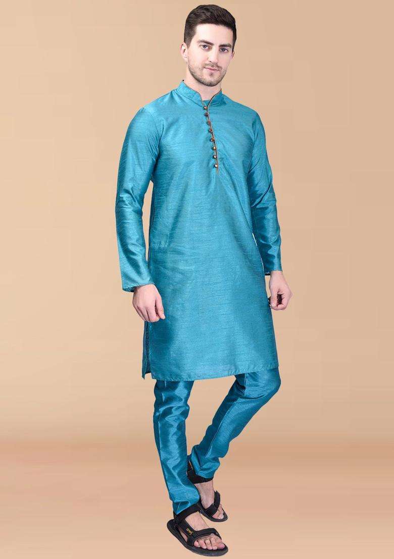 Blue Solid Silk Blend Kurta Set For Men - Indya